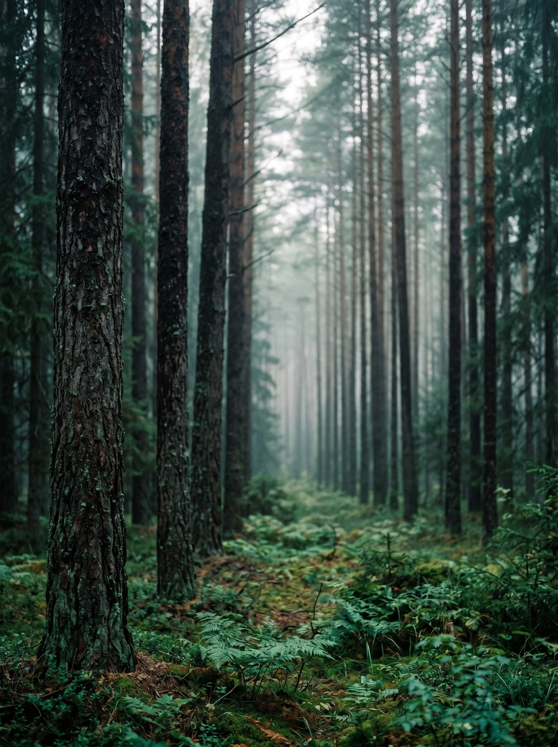 Stämningsfull nordisk skog i dis